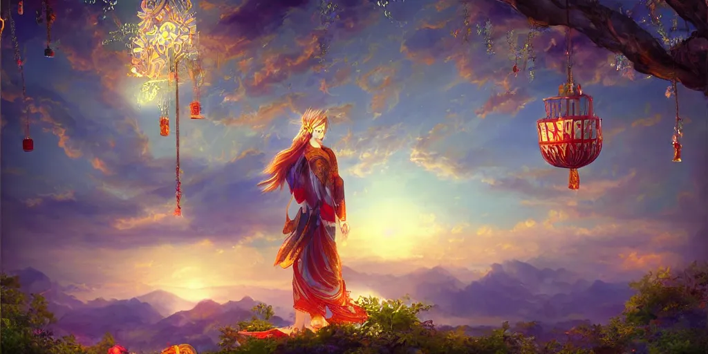 Image similar to painting of wind god enjoying the view from his heavenly palace, decorated with windchimes and paper lanterns, stunning nature in background, digital art trending on artstation