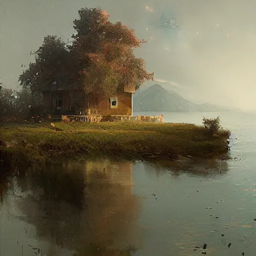 Image similar to a house by the lake painted by greg rutkowski