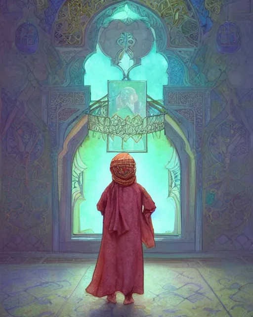 Image similar to a faceless bedouin child infront of a big open quran highly detailed, gold filigree, romantic storybook fantasy, soft cinematic lighting, award, disney concept art watercolor illustration by mandy jurgens and alphonse mucha and alena aenami, pastel color palette, featured on artstation