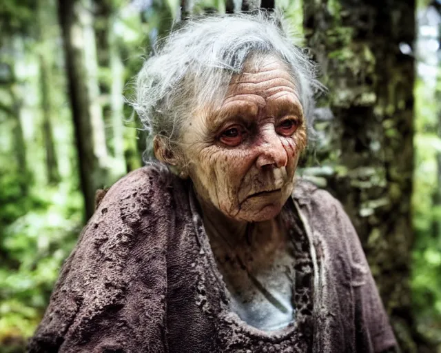 Image similar to close up portrait of an old woman with sinister face and dirty clothes standing outside of an old cabin, forest in the background, bokeh, depth of field, dramatic lighting, cinematic, vivid colors, matte painting, vivid color scheme