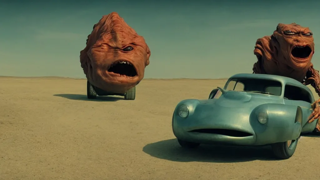 Image similar to the creature drives a hot rod, made of wax and water, film still from the movie directed by Denis Villeneuve with art direction by Salvador Dalí, wide lens