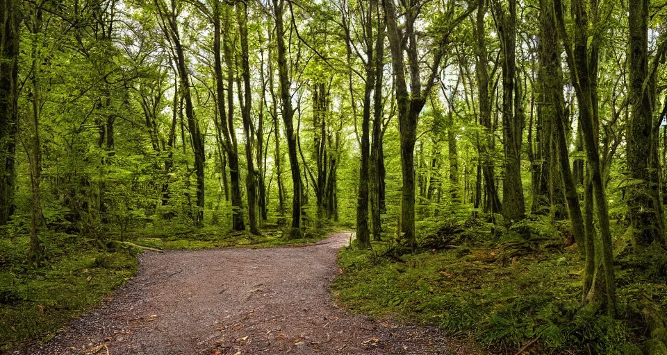 Image similar to A landscape photo of beautiful forest pathway scenery. PROMPT, XF IQ4, 150MP, 50mm, f/1.4, ISO 200, 1/160s, natural light, Adobe Photoshop, Adobe Lightroom, DxO Photolab, Corel PaintShop Pro, rule of thirds, symmetrical balance, depth layering, polarizing filter, Sense of Depth, AI enhanced