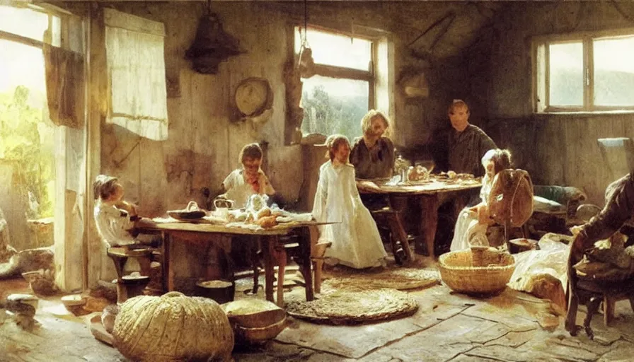 Image similar to simple villager family about to eat a meal together in their beautiful simple cottage home, art by anders zorn, wonderful masterpiece by greg rutkowski, beautiful cinematic light, american romanticism thomas lawrence, greg rutkowski