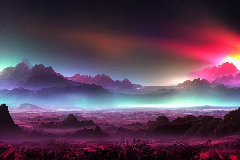 Image similar to Sci-Fi dark high contrast nighttime colorful wallpaper of a beautiful matte landscape painting, 4k, high detail, no noise, low light