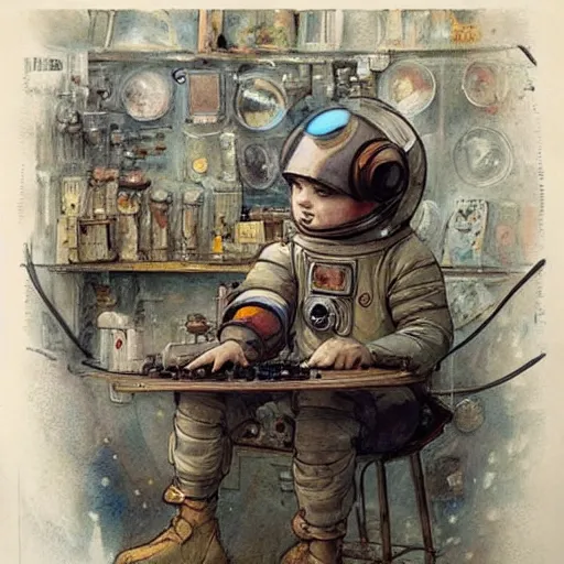 Image similar to ((boy in a retro space suit in a cluttered inventors shop . muted colors.)) by Jean-Baptiste Monge !!!!!!!!!!!!!!!!!!!!!!!!!!!