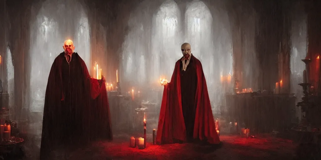 Prompt: A hyper realistic oil painting of a very old vampire dressed in a crimson robe, surrounded by candles, creepy atmosphere, moody lighting, by Greg Rutkowski, trending on artstation, 4k, underground