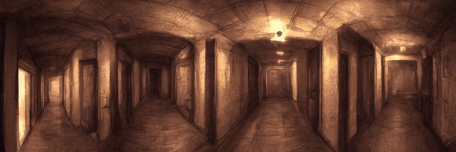 Prompt: dimly lit, theatre access corridor background, 3 doors, fish eye, artstation