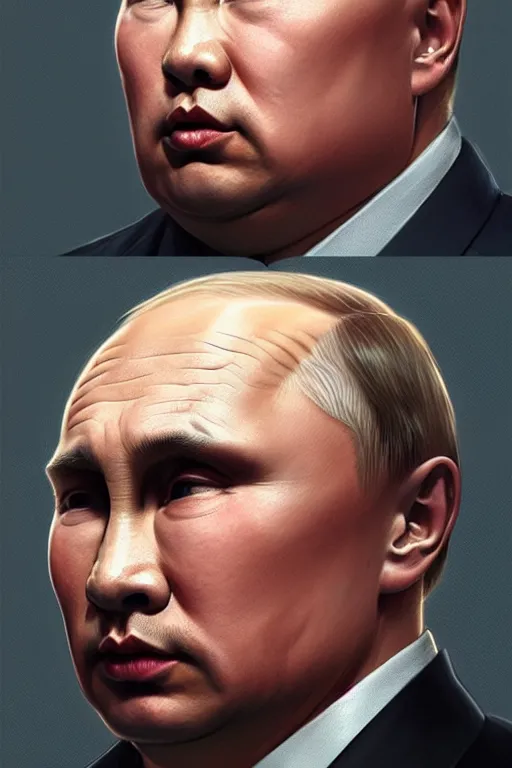 Prompt: putin with kim jong un hairstyle, realistic portrait, symmetrical, highly detailed, digital painting, artstation, concept art, smooth, sharp focus, illustration, cinematic lighting, art by artgerm and greg rutkowski and alphonse mucha