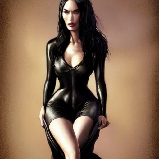 Image similar to portrait of megan fox in black business suit, sultry pose, fantasy, intricate, elegant, highly detailed, digital painting, artstation, concept art, matte, sharp focus, perfect face symmetry, illustration, art by aenaluck and roberto ferri and greg rutkowski, epic fantasy, digital painting