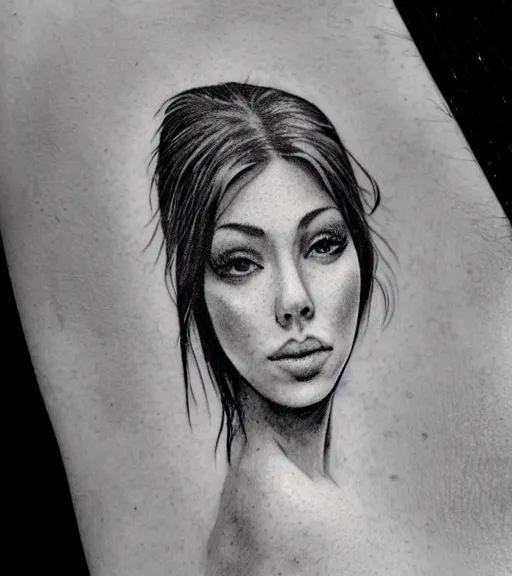 Image similar to a beautiful girl portrait, faded mountain background, realism tattoo, in the style of den yakovlev, black and white, hyper realistic, highly detailed