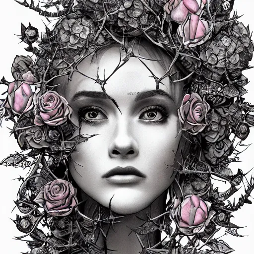 Image similar to the anatomy of a head of thorns with roses that resemble a beautiful woman, an ultrafine detailed illustration by james jean, intricate linework, bright colors, final fantasy, behance contest winner, vanitas, angular, altermodern, unreal engine 5 highly rendered, global illumination, radiant light, detailed and intricate environment