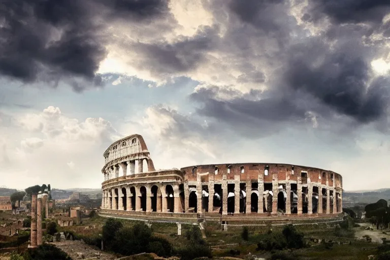 Prompt: Ancient Rome in a Roman valley, dramatic sky, digital art, 4k, 8k, trending on ArtStation