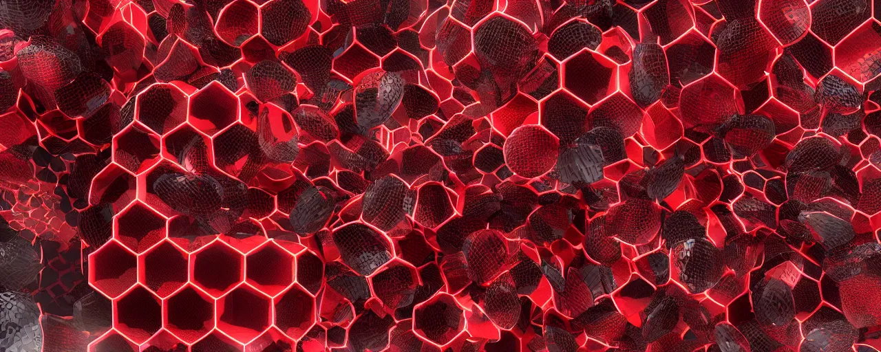 Image similar to crimson - black honeycomb dripping honey, photorealistic, octane render, rtx, hdr, unreal engine, digital art