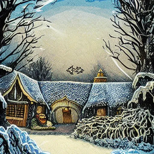 Image similar to detailed illustration of hobbiton in winter, from the lord of the rings