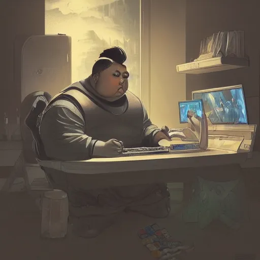 Image similar to an insanely detailed painting of a chubby asian man wearing a homemade superhero costumed, sitting at a computer desk typing on the keyboard, in the style of peter mohrbacher, dramatic lighting and composition, trending on artstation, concept art, comic book, graphic novel