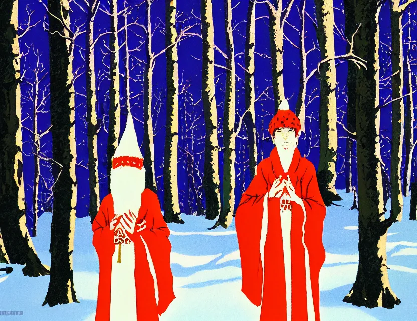 Prompt: snow priest of summer woods. gouache, limited palette with complementary colors, by award - winning mangaka, backlighting, bold composition, depth of field.