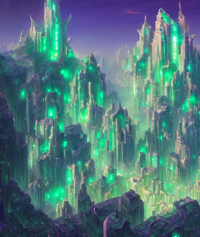 Image similar to a detailed digital painting of a crystalline palace made of gleaming emeralds, by moebius and tyler edlin and lee madgwick, trending on artstation, digital art, 4 k resolution, detailed, beautiful render, octane render, high quality, sharp focus, hq artwork, coherent, insane detail, concept art