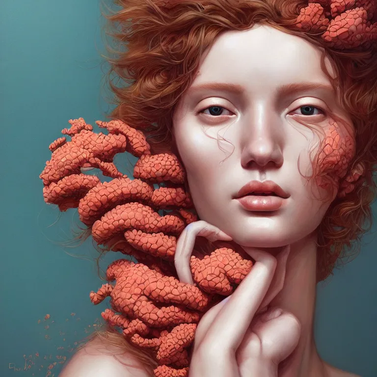 Prompt: portrait of beautiful!! woman with coral!! reef hair. soft light painted by james jean and moebius!!! and erik jones, inspired by mary jane ansell, smooth face feature, intricate oil painting, high detail 3 d render, sharp high detail