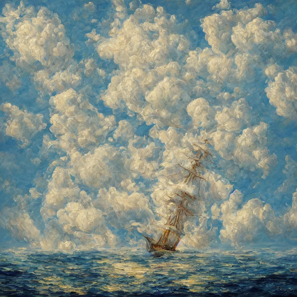 Prompt: 3d high relief painting of sea like jelly, Marshmallow clouds like sheep floating lightly in the air, Sailing ship,dreamy, soft , highly detailed, expressive impressionist style, painted with a palette knife, in the style of Yuri Anatolyevich Obukhovskiy