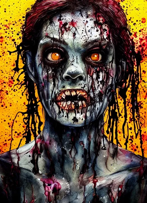 Image similar to black zombie hollywood artwork professional acting headshot, hyperrealism, intricate detail, studio lighting, charming expression gesicht, hauntingly beautiful zombie, watercolor art, epic, legendary, drawn and painted, colored layers, dulled contrast, exquisite fine art, splatterpaint