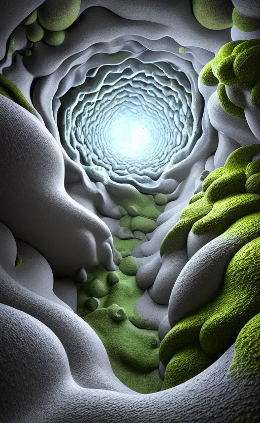 Image similar to highly detailed ultra sharp 3 d render cinematic composition of a smooth ceramic porcelain biomorphic magnolia stone nebula fluid fractal sci - fi surreal architecture landscape, granite, metallic, magnesium, marble, moss and lichen, vincent callebaut composition, mamou - mani, archviz, beautiful lighting, 8 k, unreal engine, hdr,