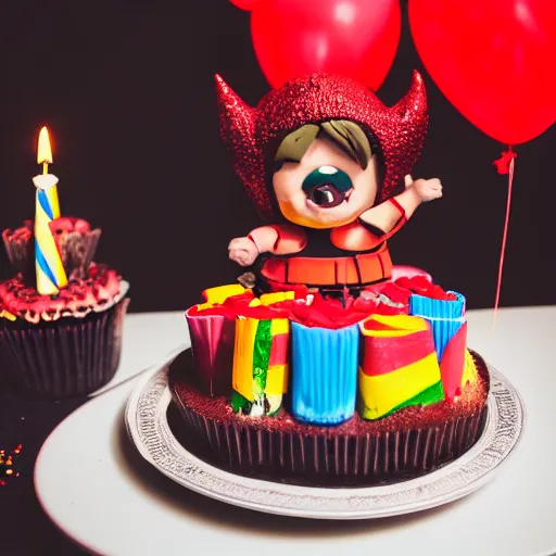 Prompt: the devil at his birthday party, cake, 8 k photography