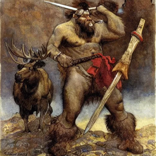 Image similar to hairy barbarian with moose head by carl larsson and frank frazetta