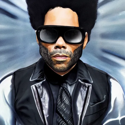 Image similar to lenny kravitz ( with accurate face ) as men in black agent fighting aliens, dynamic movie still, detailed 8 k photorealistic portrait, imdb poster style