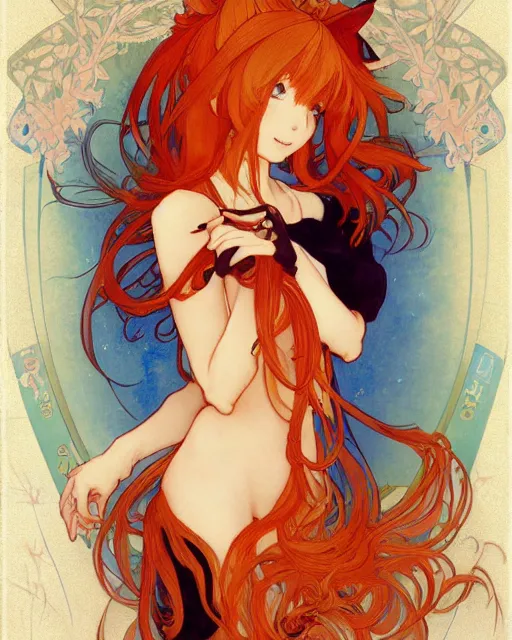 Image similar to A cute painting of a very very beautiful anime skinny foxgirl with curly orange colored hair and fox ears on top of her head wearing a nice red dress with quake 3 symbolic looking at the viewer, elegant, delicate, soft lines, higly detailed, smooth , pixiv art, ArtStation, artgem, art by alphonse mucha Gil Elvgren and charles reid, high quality, digital illustration, concept art, long shot