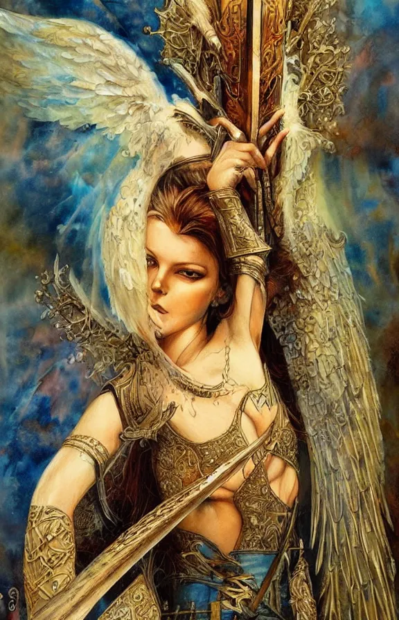 Image similar to a beautiful young medieval warrior, by karol bak, fine art, watercolor, technicolor, angelic