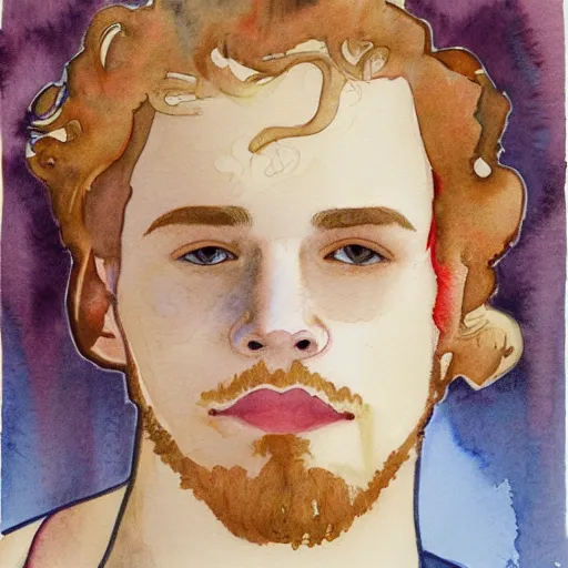 Image similar to abstract watercolor drawing of a young cute handsome beautiful strawberry blond medium very curly thick hair man in his early 2 0 s wearing a blank maroon t - shirt with grey - blue eyes, by elizabeth peyton and alphonse mucha, trending on artstation, artgen, tumblr
