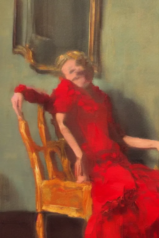 Image similar to a red dress laid across a chair in a dark victorian era room. in the style of american impressionism painting.