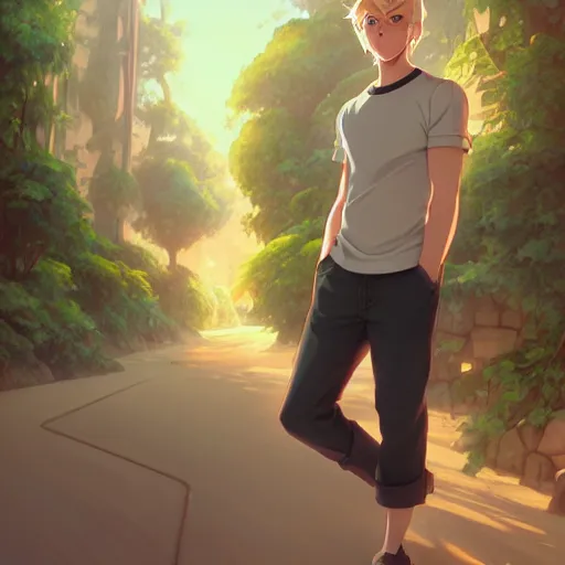 Image similar to young man with short, ash blond greyish hair, light brown eyes, casual clothes, path traced, highly detailed, high quality, digital painting, by don bluth and ross tran and studio ghibli and alphonse mucha, sylvain sarrailh