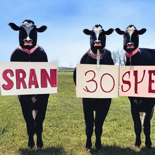 Image similar to 3 cows standing on 2 legs holding signs