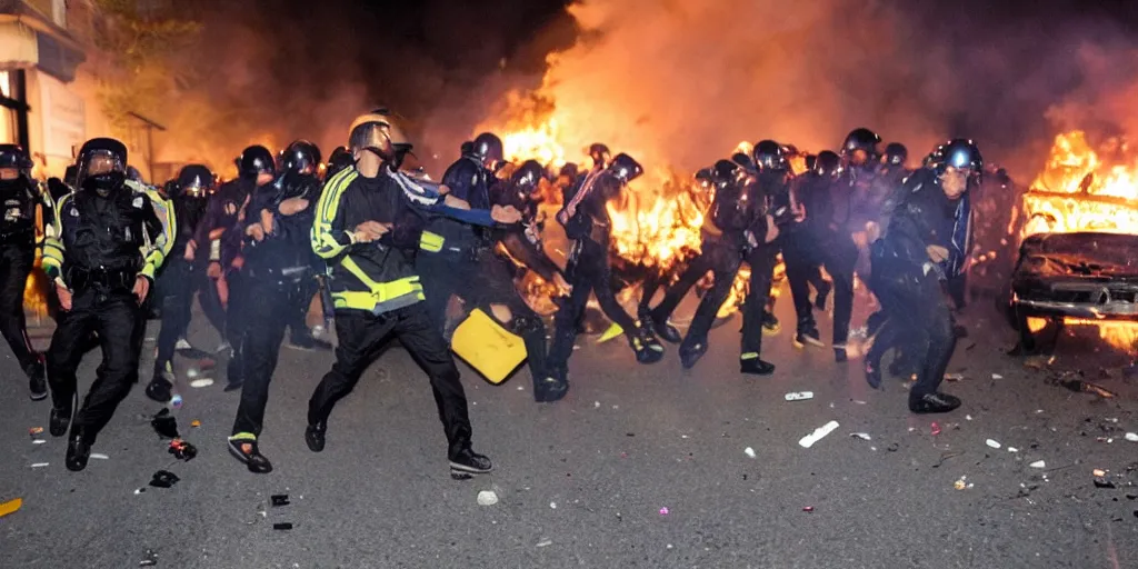 Image similar to photo of young men wearing multicolored tracksuits fighting cops in a riot with burning cars at night, close-up shot, editorial photography