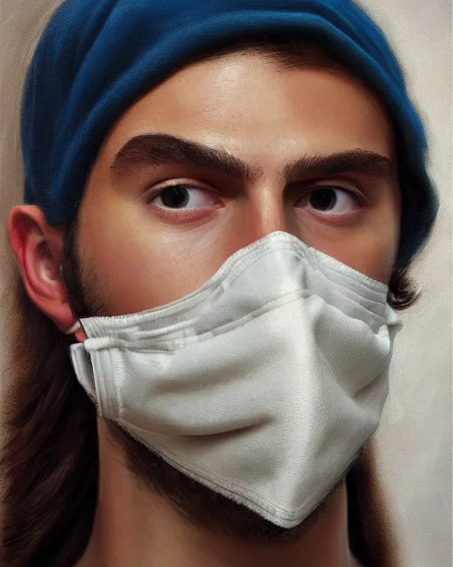 Image similar to masterpiece oil paint of a european young man covering face with fabric mask, ultrarealistic, trending on artstation, extremely detailed