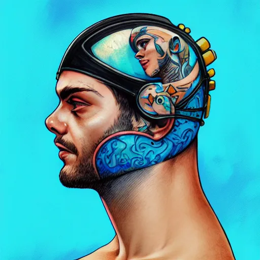 Image similar to a profile photo of a man with underwater helmet with tattoos on arm and neck, side profile in underwater, highly detailed, digital painting, artstation, illustration by Sandra Chevrier