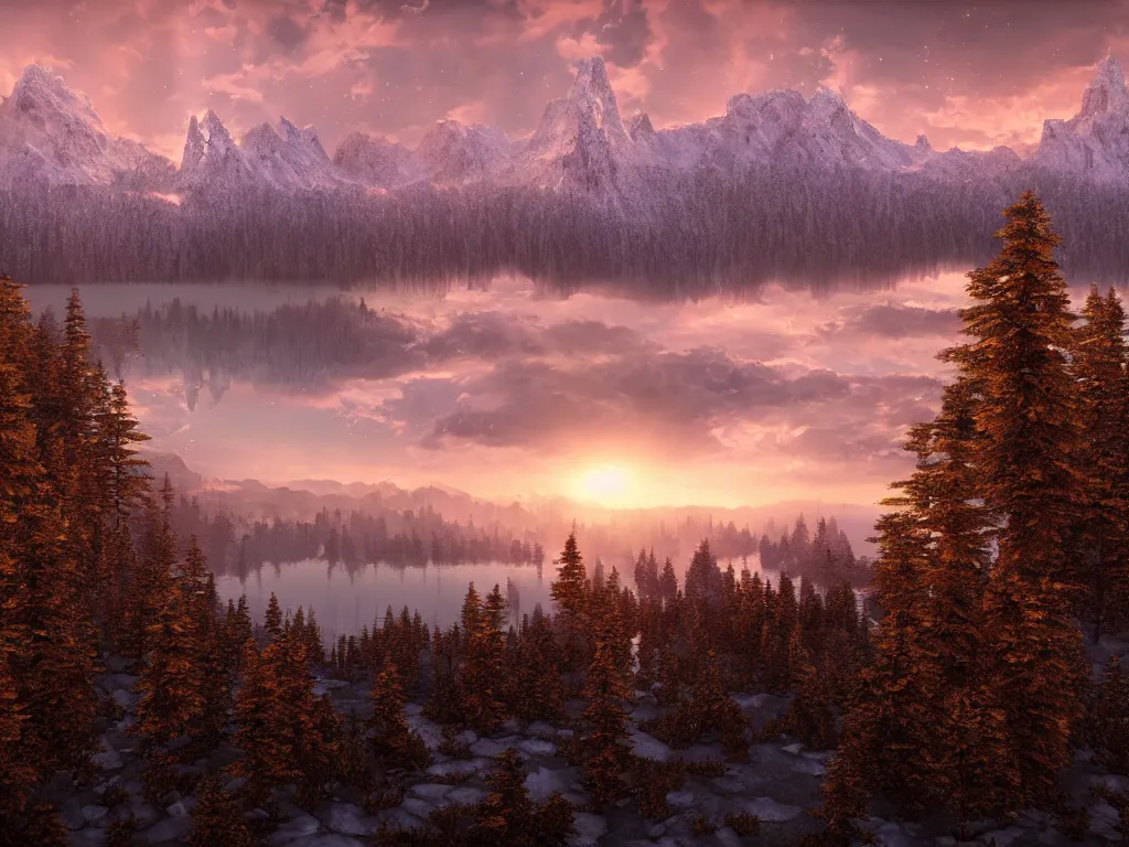 Image similar to epic crystalline taiga with a lake, golden hour, distant mountains, atmospheric perspective, altostratus clouds, planets, cinematic, 3 5 mm lens, photographic, octane render, cinematography by roger deakins, in the style of ansel adams