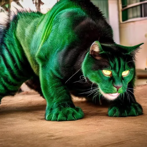 Image similar to hulk cat, big green muscular cat, demanding food from its owner