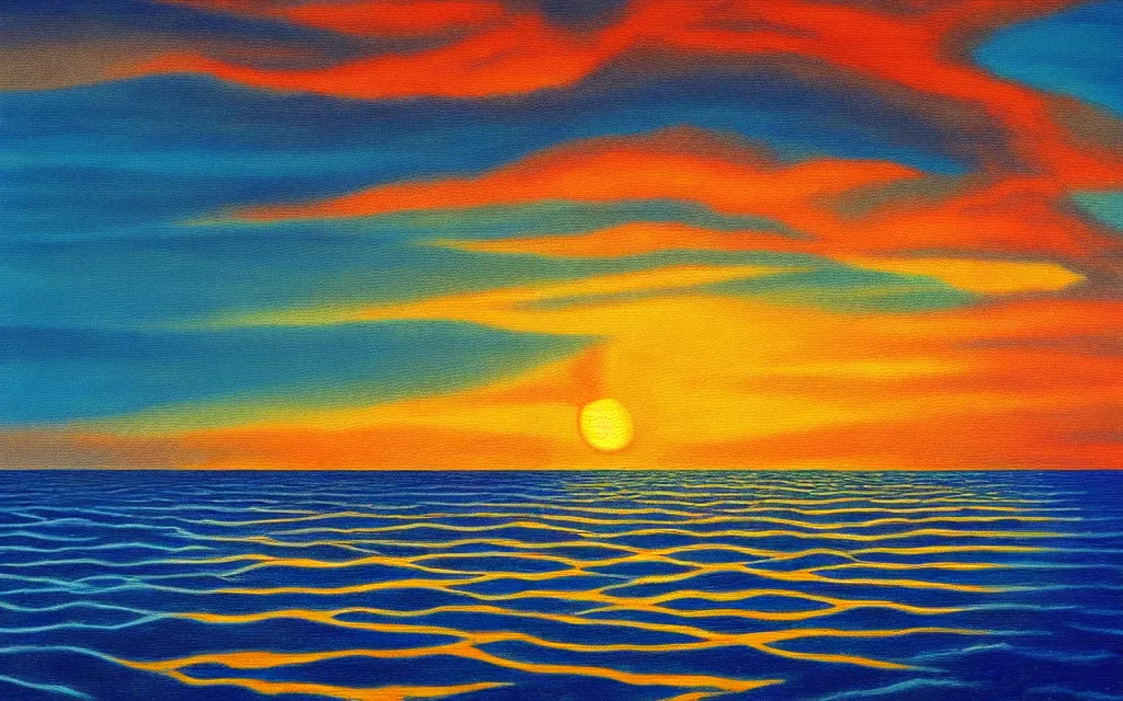 Image similar to scene of an ocean sunset in the style of a surrealist optical illusion detailed painting