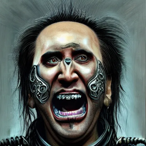 Image similar to Nicolas Cage as god of chaos screaming biomechanical, intricate, smooth, artstation, painted by Hans Giger