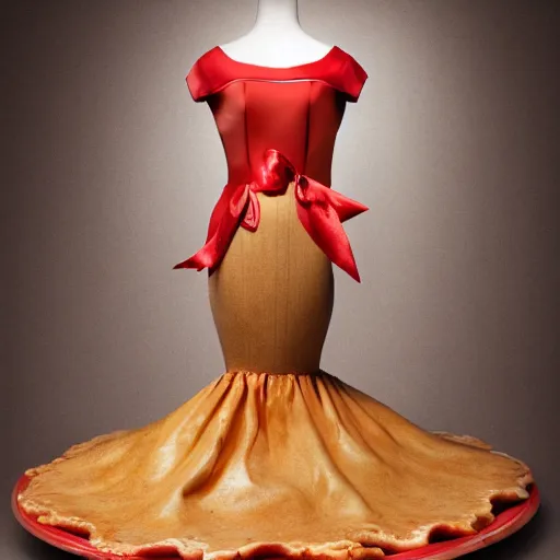 Prompt: a beautiful dress made out of apple pie, on a mannequin. high quality, high resolution, studio lighting