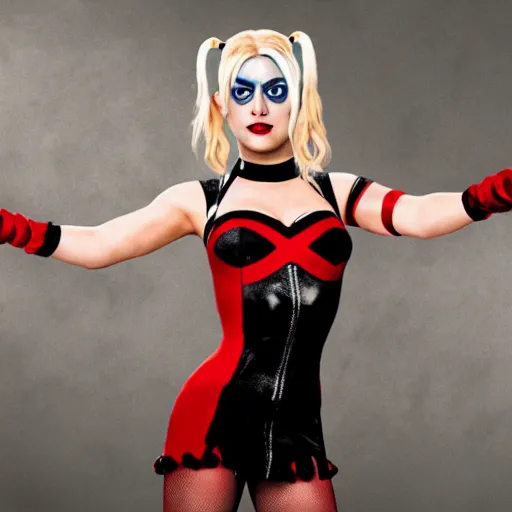 Image similar to A still of Kaley Cuoco as Harley Quinn, comics-accurate outfit