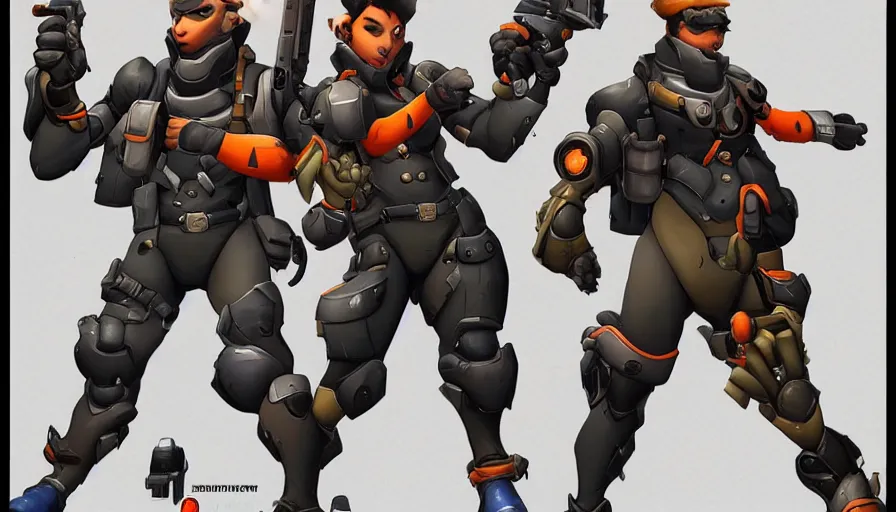 Prompt: Concept art for new overwatch character: The Sabotuer, French Special Ops, Short, Nimble, Spy, Uses Explosives, Planted Charge, C4 Explosive, Roguish, and Hand Grenades, Anti-tank Rifle, Dark Humor, Male, Rugged, Dagger, High-tech, Fast, Black and Orange