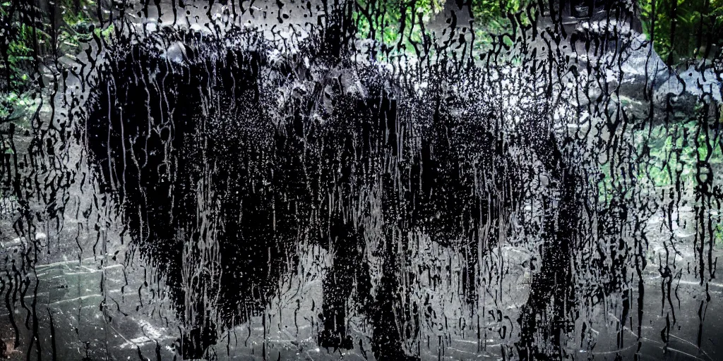 Image similar to the black lioness made of ferrofluid, in the zoo exhibit, viscous, sticky, full of black goo, covered with black goo, splattered black goo, dripping black goo, dripping goo, splattered goo, sticky black goo. photography, dslr, reflections, black goo, zoo, exhibit