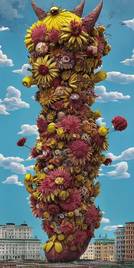 Prompt: colossal grotesque Beelzebub flower made from angry smiles in the middle of post soviet constructivist cityscape, Stalinist architecture, ultradetailed, Intricate by Hayao Miyazaki and Josan Gonzalez and Makoto Shinkai and Giuseppe Arcimboldo and MC Esher and Wes Anderson