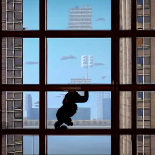 Image similar to king kong donkey kong peering in a high rise fancy apartment window, beautiful lighting action movie still from inside the apartment