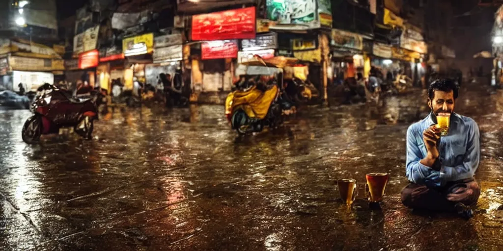 Prompt: man drinking tea during a rainy night in a busy street in lahore