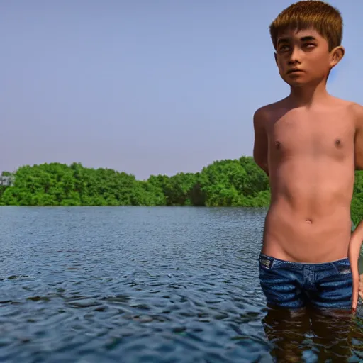 Prompt: in the style of Aurelio Rodríguez, a boy stand in the lake,some fish ,summer , close up, very high environmental details, very high facial details, 4K ,