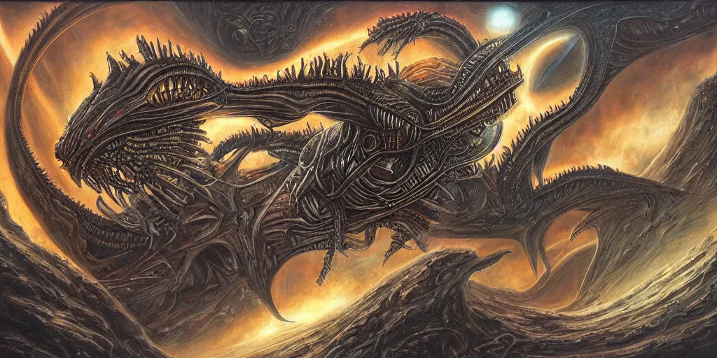 Image similar to alien space dragon by dan seagrave art